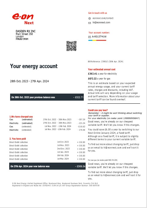 United Kingdom Eon gas and electricity business utility bill in Word and PDF formats, version 7